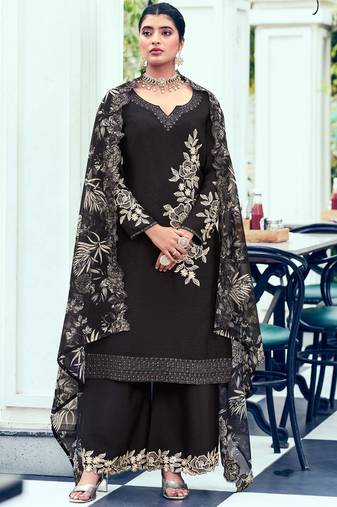 Coffee heavy chinon embroidered Palazzo suit