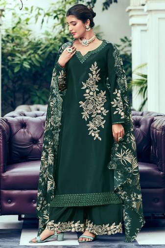 Dark green heavy chinon embroidered Palazzo suit