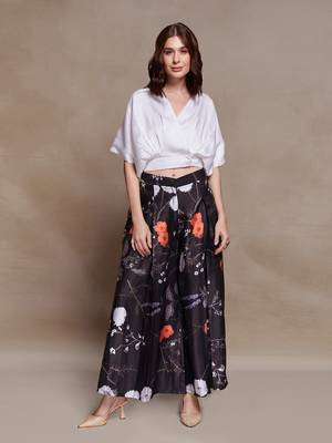 Floral black satin co-ord set with wrap top 1