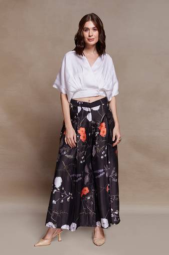 Floral black satin co-ord set with wrap top