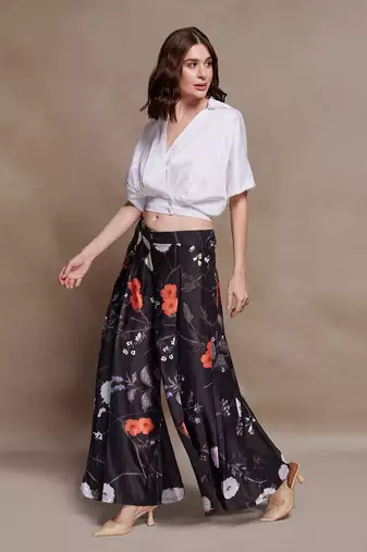 Floral black satin co-ord set with wrap top
