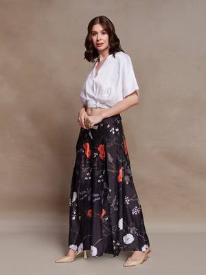 Floral black satin co-ord set with wrap top 3