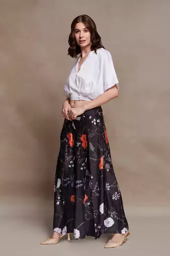 Floral black satin co-ord set with wrap top