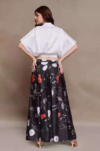 Floral black satin co-ord set with wrap top