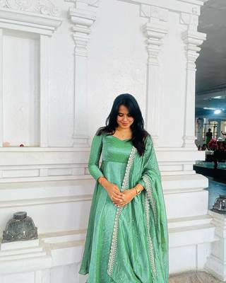 Fancy Twil Gold Net with Embroidery & 5mm Sequins, Tassels & Sleeves Anarkali Gown 3