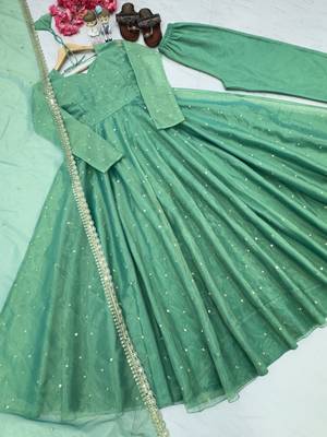 Fancy Twil Gold Net with Embroidery & 5mm Sequins, Tassels & Sleeves Anarkali Gown 4