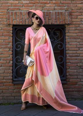 Cream And Pink Weaving Silk Blend Saree 1