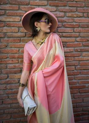 Cream And Pink Weaving Silk Blend Saree 2