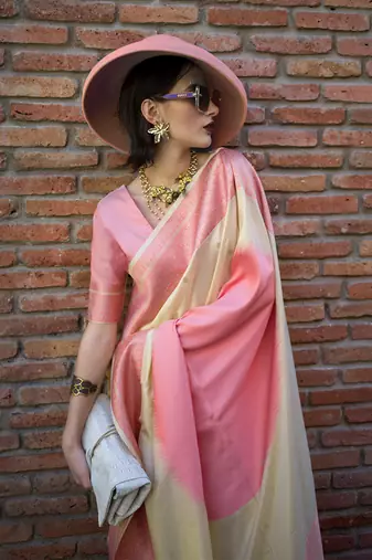Cream And Pink Weaving Silk Blend Saree