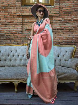 Aqua Blue And Peach Handloom Weaving Silk Blend Saree 1