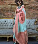 Aqua Blue And Peach Handloom Weaving Silk Contemporary Saree