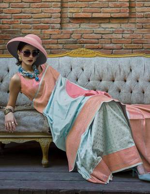 Aqua Blue And Peach Handloom Weaving Silk Blend Saree 2