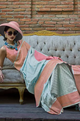 Aqua Blue And Peach Handloom Weaving silk blend Saree