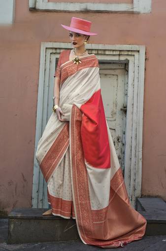 Silk Weaving Off White And Red Classic Saree For Sangeet