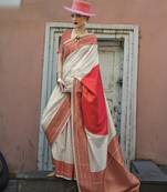 Silk Weaving Off White And Red Classic Saree For Sangeet