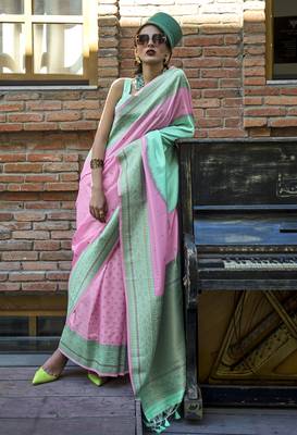 Pink And Sea Green Weaving Silk Blend Saree 1