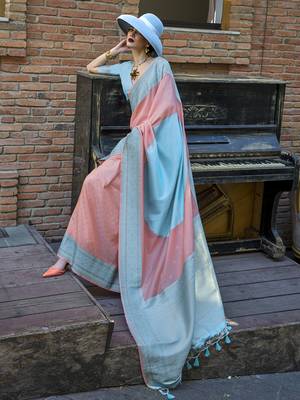 Light Blue And Peach Weaving Silk Blend Saree 1