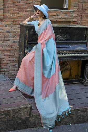 Light Blue And Peach Weaving Silk Festival Contemporary Saree
