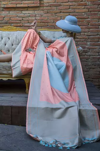 Light Blue And Peach Weaving silk blend Saree