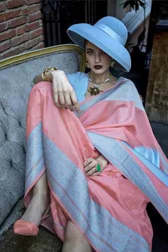 Light Blue And Peach Weaving silk blend Saree