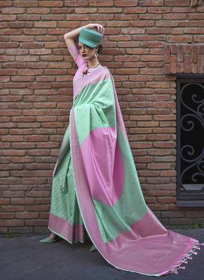 Sea Green And Pink Weaving Silk Blend Saree 1