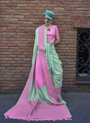 Sea Green And Pink Weaving Silk Blend Saree 2