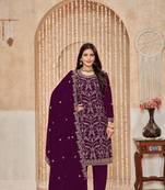 Wine embroidered faux georgette semi stitched salwar suit