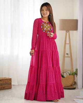 Pure Soft Fox Georgette Laheriya Print Fabric Fully Flair Anarkali Gown 1