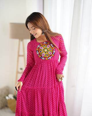 Pure Soft Fox Georgette Laheriya Print Fabric Fully Flair Anarkali Gown 5