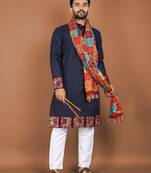 Navy blue embroidered cotton navratri straight kurta with payjama and chunri