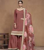 Brick brown roman silk heavy thread embroidery work with printed dupatta salwar kameez (palazzo free size stitched)