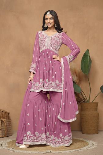 Pink faux georgette heavy thread embroidery work salwar kameez (bottom-sharara free size stitched)