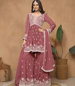 Dark rose faux georgette heavy thread embroidery work salwar kameez (bottom-sharara free size stitched)