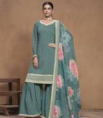 Teal roman silk heavy thread embroidery work with printed dupatta salwar kameez (bottom-palazzo free size stitched)