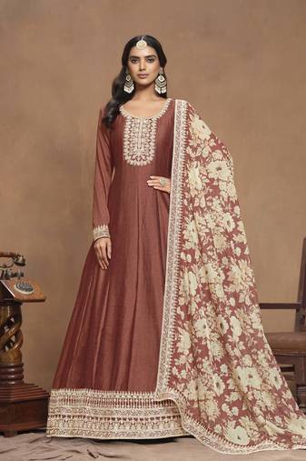 Rust brown art silk heavy thread embroidery sequins work with printed dupatta salwar kameez