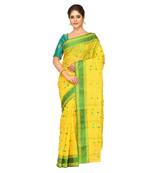 Aishani Collection Embroidered Pure Cotton handloom Saree without Blouse (Yellow, Green) 