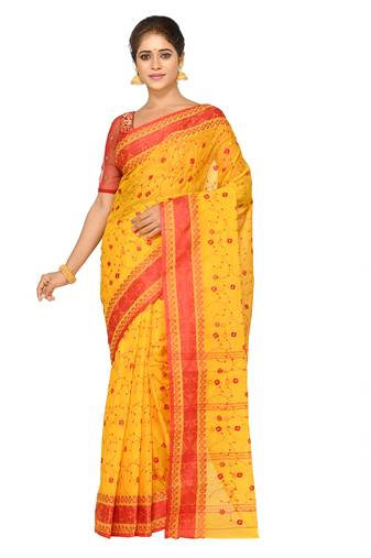Aishani Collection Embroidered Pure Cotton Saree without Blouse  (Red, Yellow)