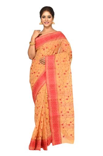 Aishani Collection Embroidered Pure Cotton Tant Handloom Saree  without Blouse (Red, Beige)