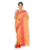 Aishani Collection Embroidered Pure Cotton Tant Handloom Saree  without Blouse (Red, Beige)