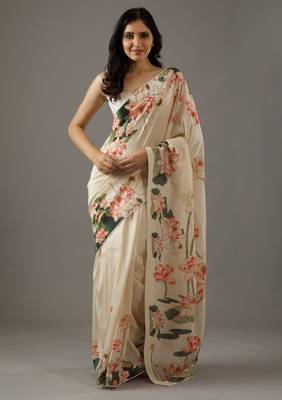 Cream Bright Moss Printed Rich Pallu Fancy Lace Border Saree With Blouse 1