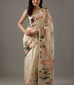 Cream Bright Moss Printed Rich Pallu Fancy Lace Border Saree With Blouse