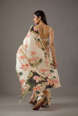 Cream Bright Moss Printed Rich Pallu Fancy Lace Border Saree With Blouse 3