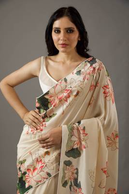 Cream Bright Moss Printed Rich Pallu Fancy Lace Border Saree With Blouse 4