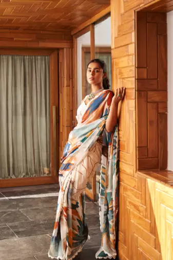 White Bright Moss Printed Work Fancy Lace Border & Rich Pallu Saree Set