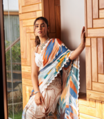 White Bright Moss Printed Work Fancy Lace Border & Rich Pallu Saree Set