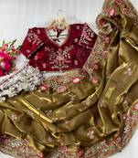 Elegant Pure Zimmy Choo Silk Blend Saree With Heavy Embroidery, Cutwork, And Sequins Border, Paired With Stitched Blouse