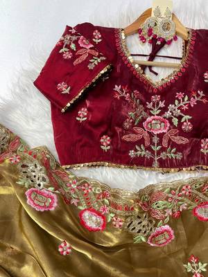 Elegant Pure Zimmy Choo Silk Blend Saree With Heavy Embroidery, Cutwork, And Sequins Border, Paired With Stitched Blouse 3