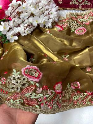 Elegant Pure Zimmy Choo Silk Blend Saree With Heavy Embroidery, Cutwork, And Sequins Border, Paired With Stitched Blouse 4