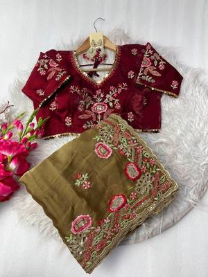 Elegant Pure Zimmy Choo Silk Blend Saree With Heavy Embroidery, Cutwork, And Sequins Border, Paired With Stitched Blouse 5
