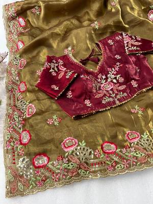 Elegant Pure Zimmy Choo Silk Blend Saree With Heavy Embroidery, Cutwork, And Sequins Border, Paired With Stitched Blouse 6